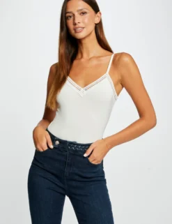 Débardeur Bretelles Fines Bande Dentelle Ecru Femme