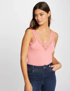 Débardeur Bretelles Larges Avec Dentelle Corail Femme