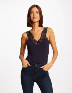 Débardeur Bretelles Larges Avec Dentelle Marine Femme