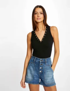 Mode de Reve Magasin 32 Débardeur Bretelles Larges Effet Côtelé Noir Femme