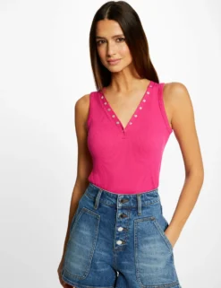 Débardeur Bretelles Larges Effet Côtelé Rose Fonce Femme