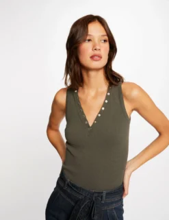 Débardeur Bretelles Larges Effet Côtelé Vert Kaki Femme