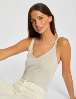 Débardeur Col En V Fils Métallisés Ivoire Femme