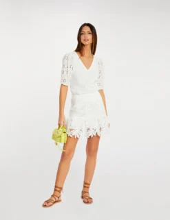 Jupe Courte à Dentelle Ecru Femme