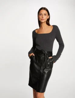 Jupe Droite Ceinturée Simili Cuir Noir Femme -Mode de Reve Magasin jupe droite ceinturee simili cuir noir femme vue5 32536300949360100