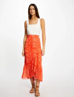 Jupe Longue Portefeuille Imprimé Léopard Orange Femme