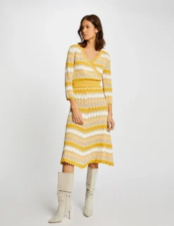 Jupe Midi Droite Tricotée à Rayures Jaune Femme