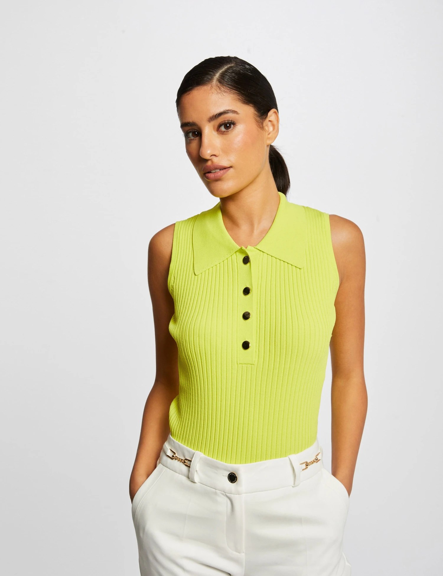 Pull Débardeur Sans Manches Col Polo Anis Femme 1 Pull Débardeur Sans Manches Col Polo Anis Femme