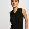 Pull Débardeur Sans Manches Col Polo Noir Femme