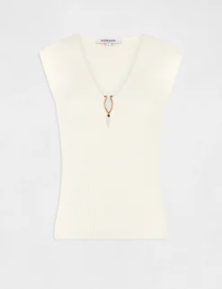 Pull Manches Courtes Col Détail Bijou Ecru Moyen Femme -Mode de Reve Magasin pull manches courtes col detail bijou ecru moyen femme vue3 32536300942750213