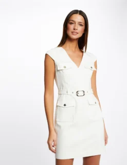Robe Ajustée Ceinturée Avec Col En V Ecru Femme