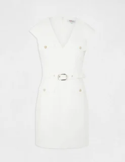Robe Ajustée Ceinturée Avec Col En V Ecru Femme -Mode de Reve Magasin robe ajustee ceinturee avec col en v ecru femme vue3 32536300931090201