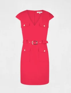 Robe Ajustée Ceinturée Avec Col En V Framboise Femme -Mode de Reve Magasin robe ajustee ceinturee avec col en v framboise femme vue3 32536300931090502