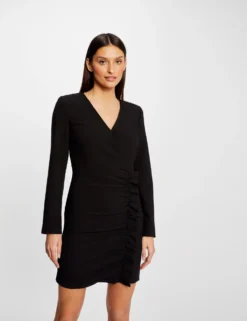 Robe Ajustée Drapée à Volants Noir Femme