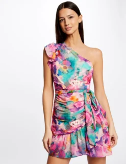 Robe Ajustée Drapée Asymétrique Imprimée Multico Femme