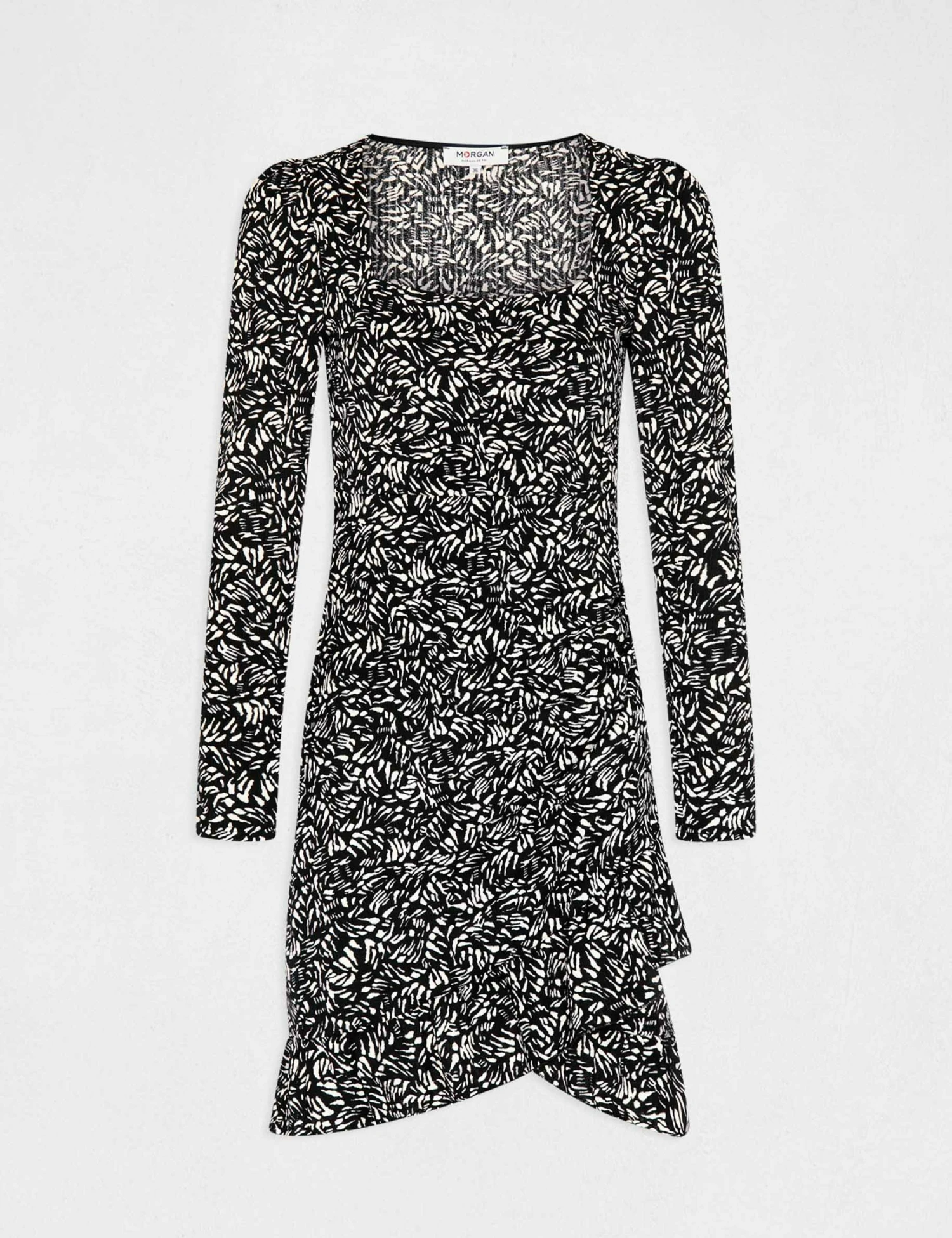 Robe Ajustée Drapée Imprimé Abstrait Noir Femme 4 Robe Ajustée Drapée Imprimé Abstrait Noir Femme – Image 4