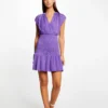 Robe Ajustée Smockée Satin Sans Manches Violet Femme