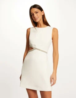 Robe Droite Avec Strass Et Ouverture Ecru Femme
