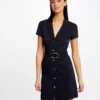 Robe Droite Boutonnée Ceinturée Marine Femme
