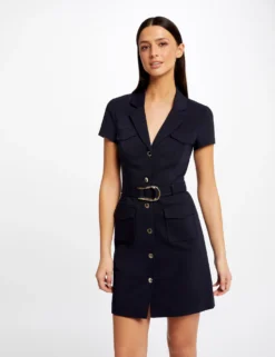 Robe Droite Boutonnée Ceinturée Marine Femme