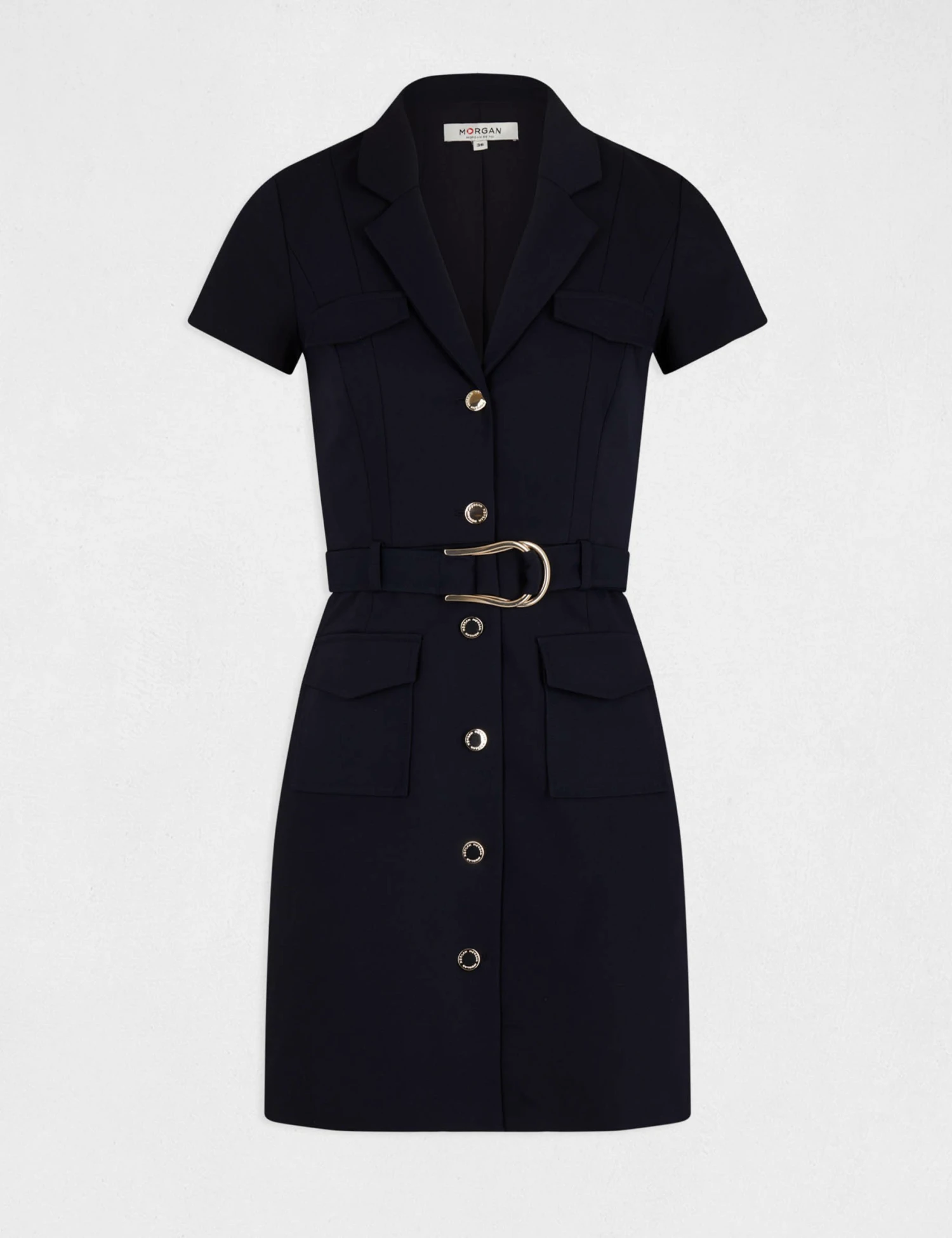 Robe Droite Boutonnée Ceinturée Marine Femme 5 Robe Droite Boutonnée Ceinturée Marine Femme – Image 5