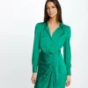 Robe Droite Drapée Satinée Imprimée Vert Femme