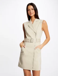 Robe Portefeuille Zippée Ceinturée Beige Clair Femme