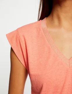 T-shirt Manches Courtes à Col En V Orange Femme -Mode de Reve Magasin t shirt manches courtes a col en v orange femme vue4 32536300896410703