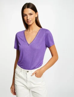 T-shirt Manches Courtes à Col En V Violet Femme