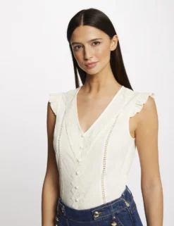 T-shirt Manches Courtes à Dentelle Ecru Moyen Femme