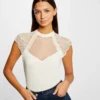 T-shirt Manches Courtes à Dentelle Ivoire Femme