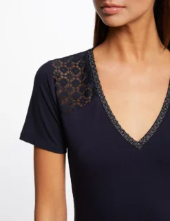 T-shirt Manches Courtes à Dentelle Marine Femme -Mode de Reve Magasin t shirt manches courtes a dentelle marine femme vue4 32536300928650301