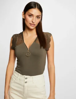 T-shirt Manches Courtes à Dentelle Vert Kaki Femme