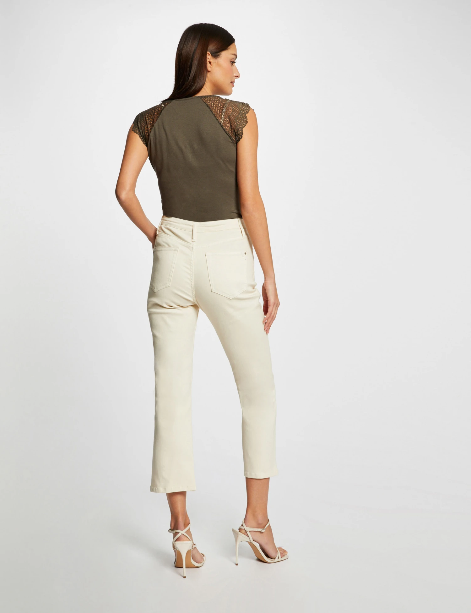 T-shirt Manches Courtes à Dentelle Vert Kaki Femme 2 T-shirt Manches Courtes à Dentelle Vert Kaki Femme – Image 2