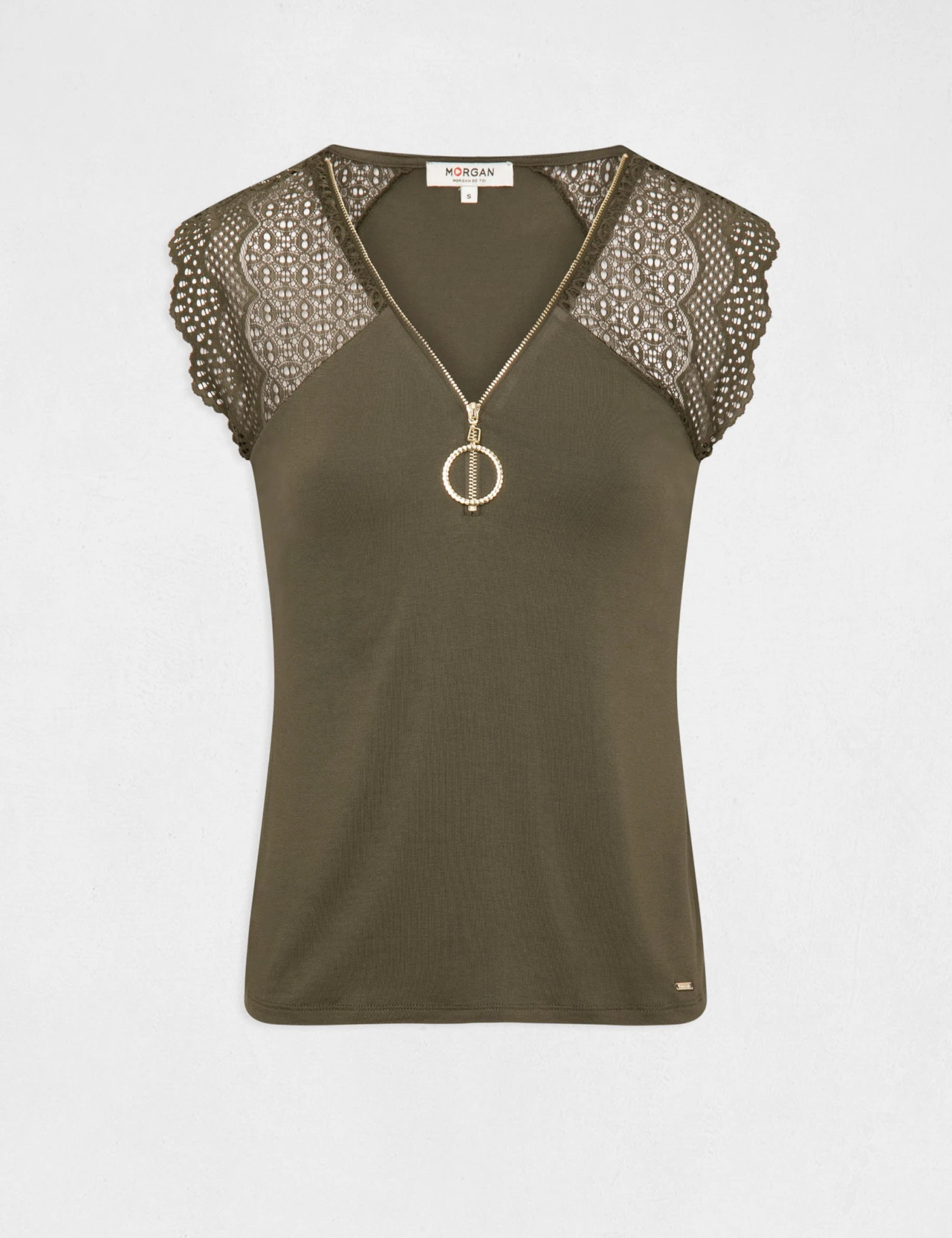 T-shirt Manches Courtes à Dentelle Vert Kaki Femme 4 T-shirt Manches Courtes à Dentelle Vert Kaki Femme – Image 4