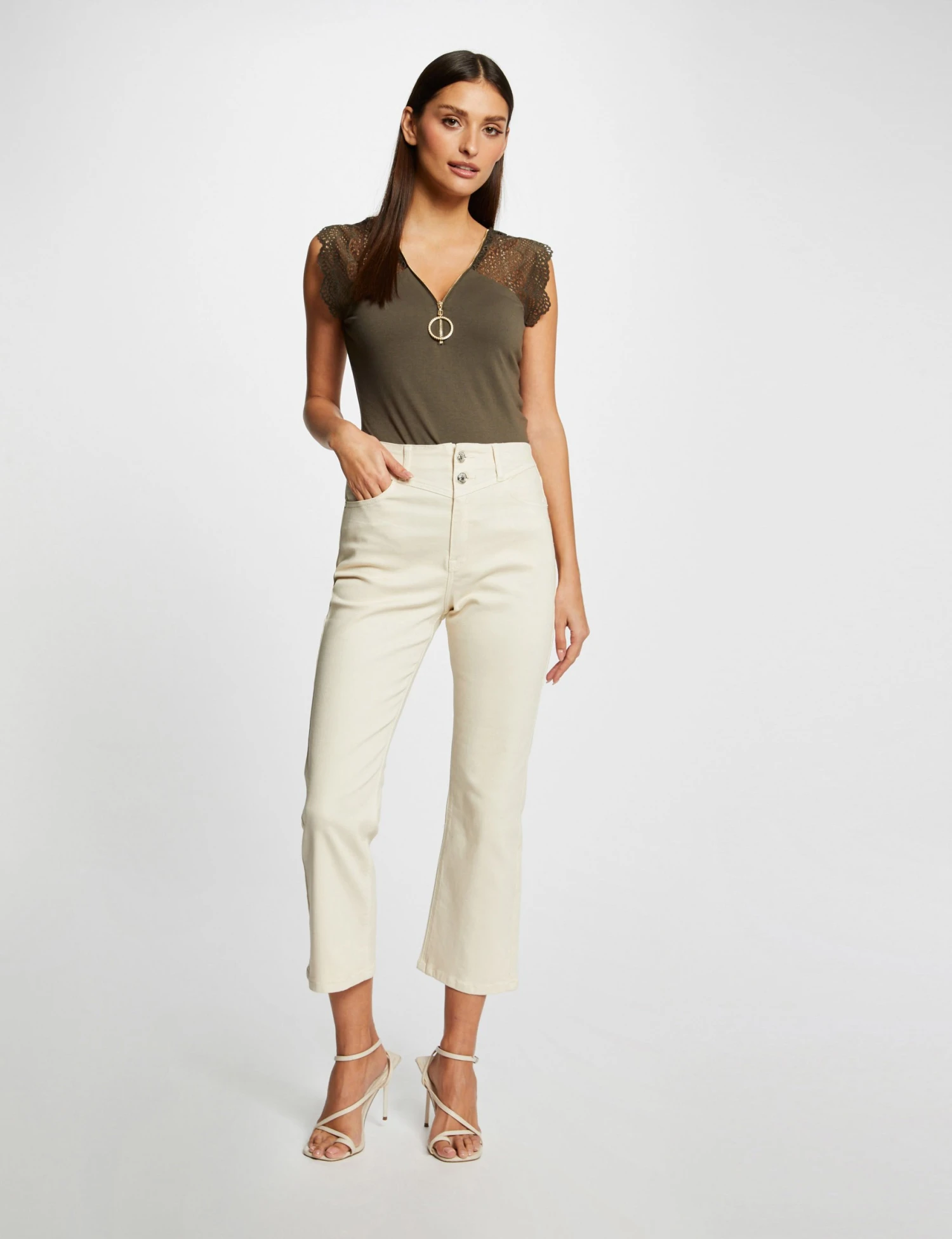 T-shirt Manches Courtes à Dentelle Vert Kaki Femme 3 T-shirt Manches Courtes à Dentelle Vert Kaki Femme – Image 3