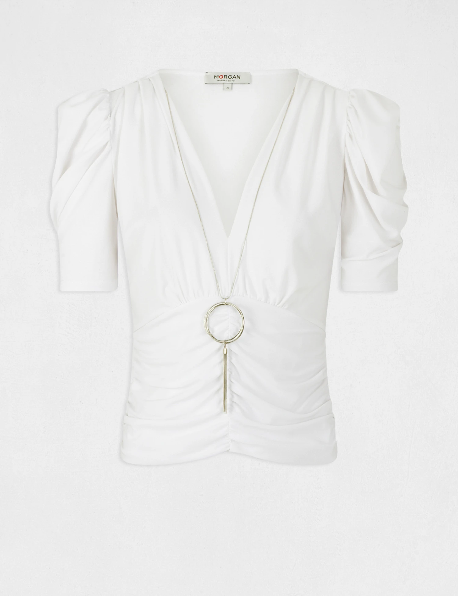 T-shirt Manches Courtes à Détail Bijou Ecru Femme 4 T-shirt Manches Courtes à Détail Bijou Ecru Femme – Image 4