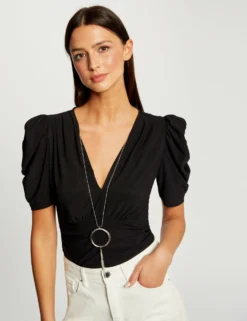 T-shirt Manches Courtes à Détail Bijou Noir Femme