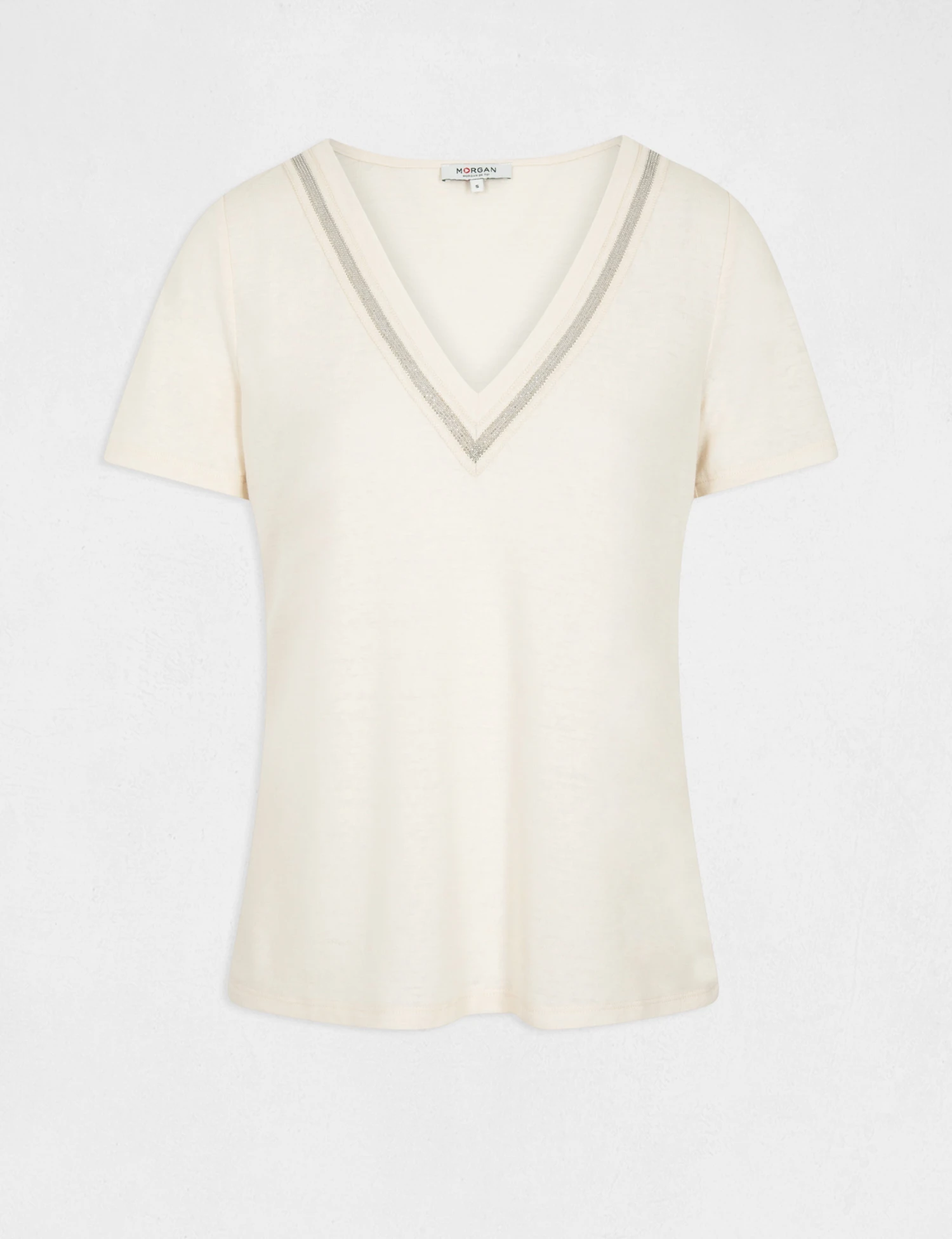 T-shirt Manches Courtes à Détails Bijoux Ivoire Femme 4 T-shirt Manches Courtes à Détails Bijoux Ivoire Femme – Image 4