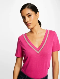 T-shirt Manches Courtes à Détails Bijoux Rose Fonce Femme