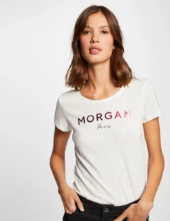 T-shirt Manches Courtes à Inscription Corail Femme