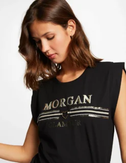 T-shirt Manches Courtes à Inscription Noir Femme