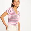 T-shirt Manches Courtes à Rayures Framboise Femme