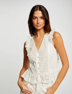 T-shirt Manches Courtes à Volants Ecru Femme