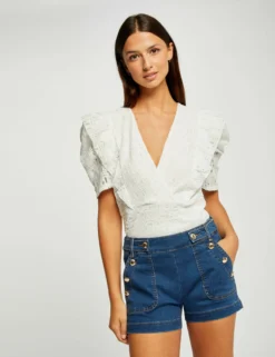 T-shirt Manches Courtes à Volants Ecru Femme