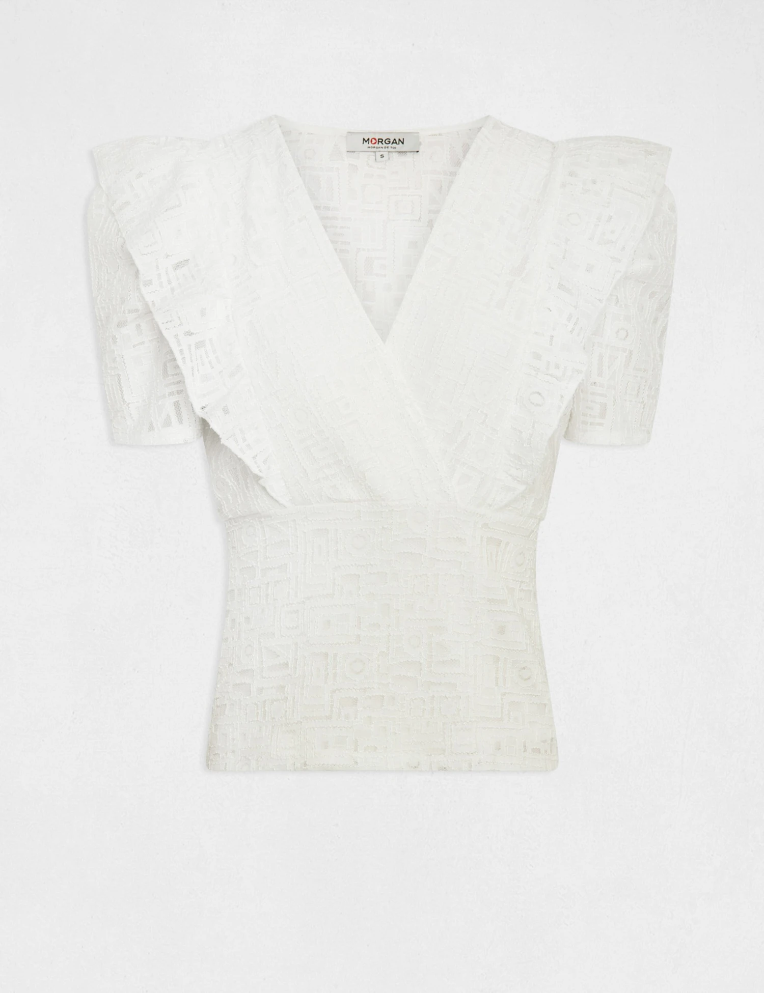 T-shirt Manches Courtes à Volants Ecru Femme 4 T-shirt Manches Courtes à Volants Ecru Femme – Image 4