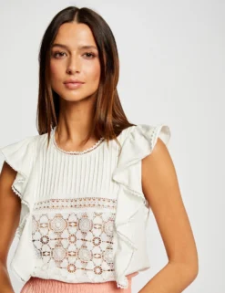 T-shirt Manches Courtes à Volants Ecru Femme -Mode de Reve Magasin t shirt manches courtes a volants ecru femme vue4 32536300939200201