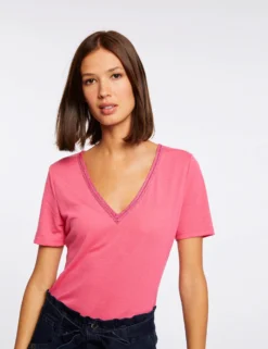 T-shirt Manches Courtes Avec Col En V Fuchsia Femme