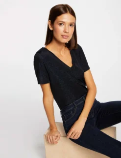 T-shirt Manches Courtes Avec Col En V Marine Femme