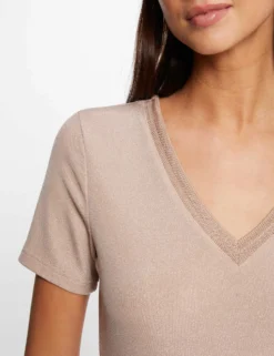 T-shirt Manches Courtes Avec Col En V Rose Femme -Mode de Reve Magasin t shirt manches courtes avec col en v rose femme vue4 32536300868200503